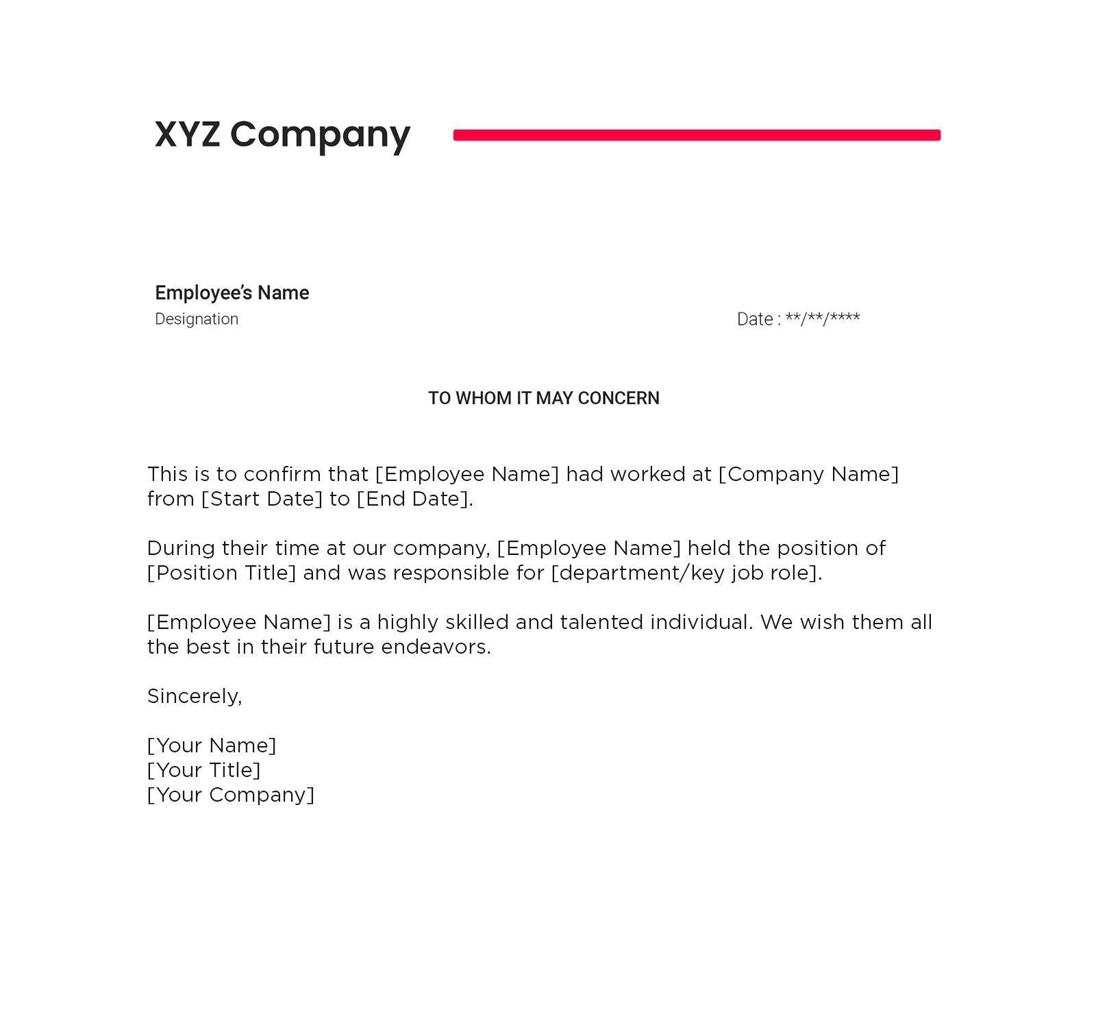 Example Of A Work Experience Letter